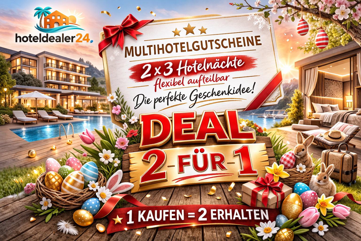 Oster Deal 2 für 1 : 2 x 3, 7 oder 14  Nächte Multi-Hotelgutschein hoteldealer24