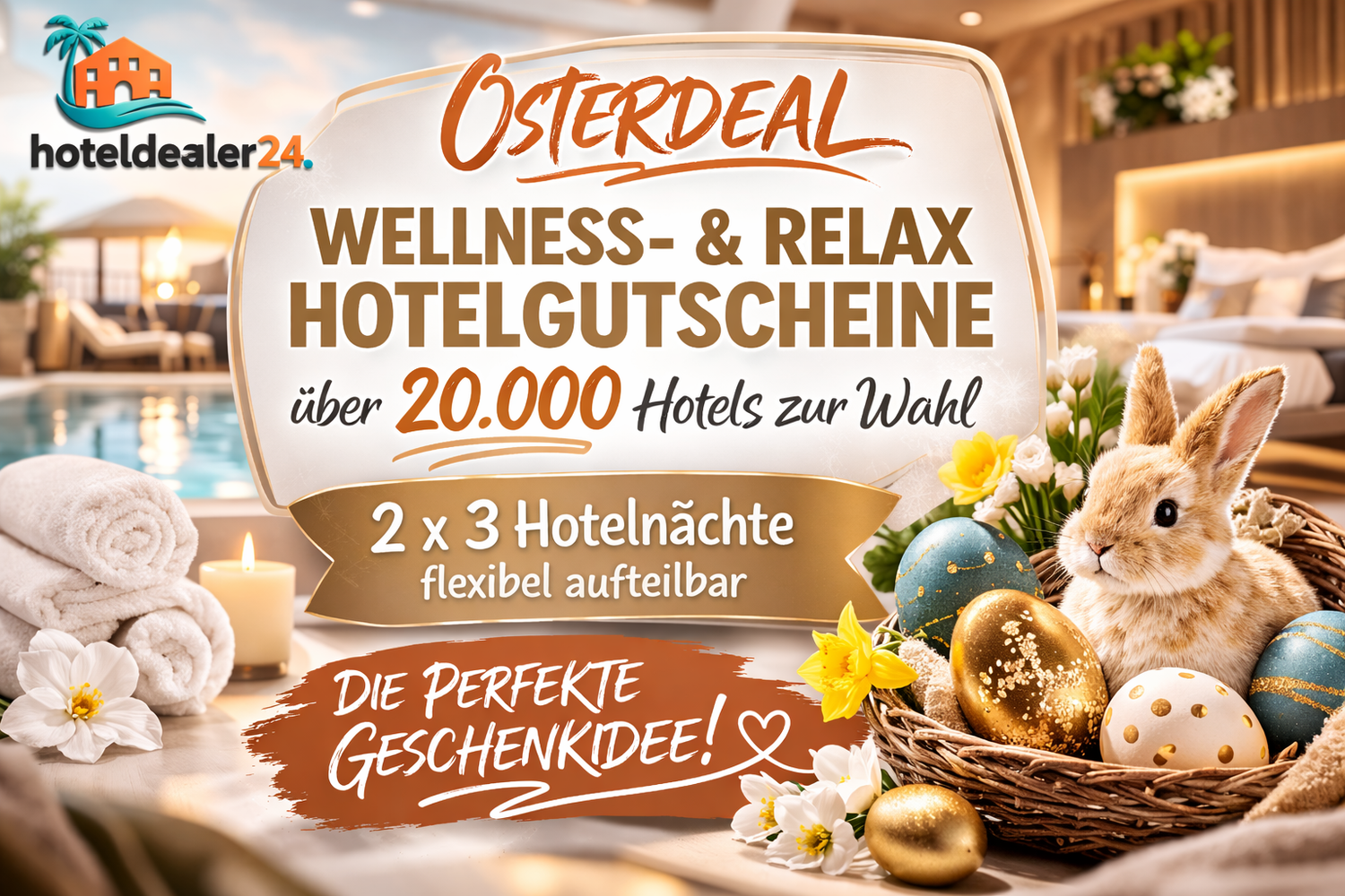 Frohe Ostern mit dem perfekten Geschenk! -  2 für 1 DEAL: 2 x Wellness & Relax Hotelgutschein - 20.000 Hotels Deal : 2 x 3, 7 oder 14  Nächte hoteldealer24