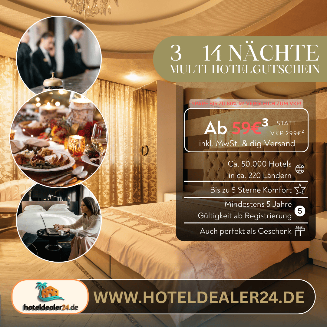 Multi - Hotelgutschein - für 3, 7 oder 14 Nächte für 2 Personen im Doppelzimmer - hoteldealer24