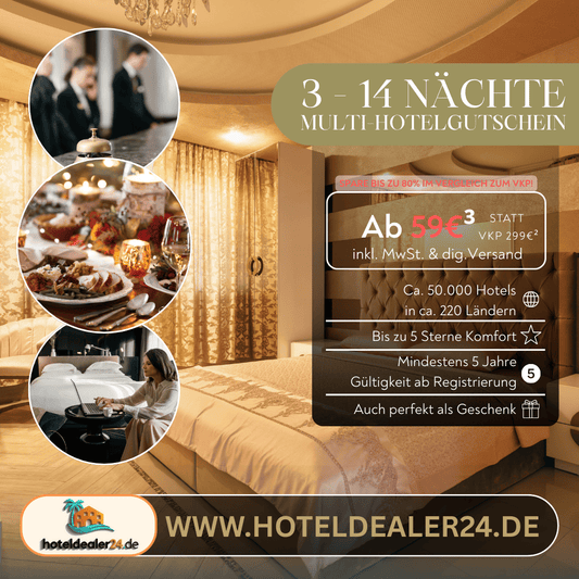 Multi - Hotelgutschein - für 3, 7 oder 14 Nächte für 2 Personen im Doppelzimmer - hoteldealer24